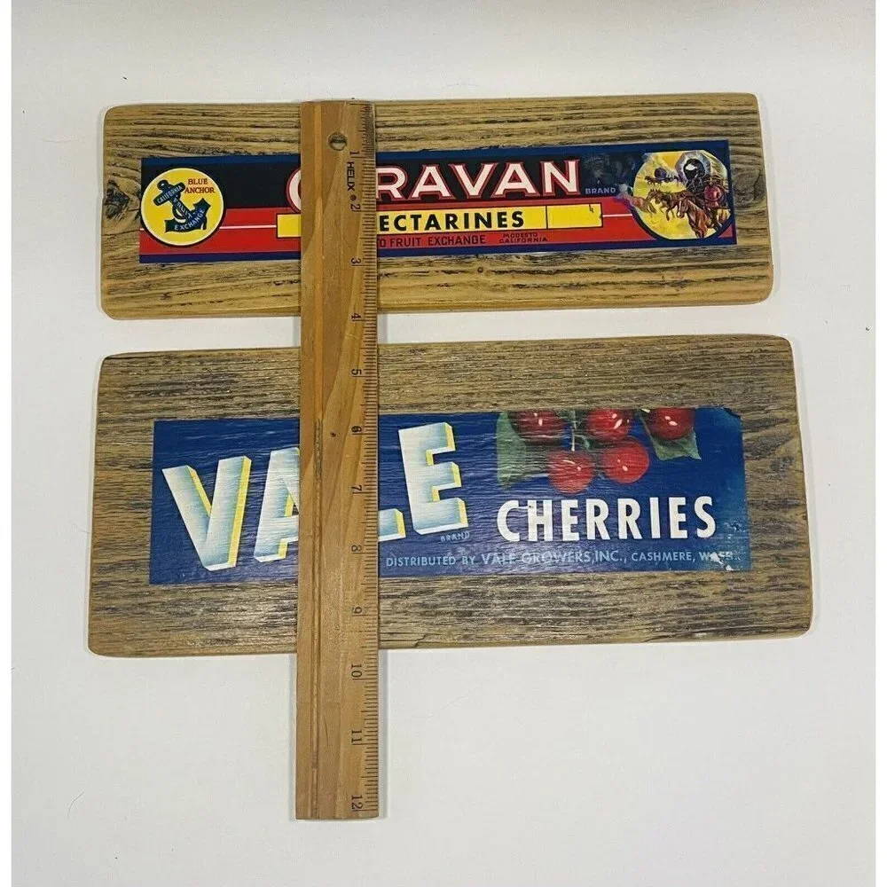 2 Vintage Fruit Crate Labels Wood Wall Plaques Vale Cherries Caravan Nectarines